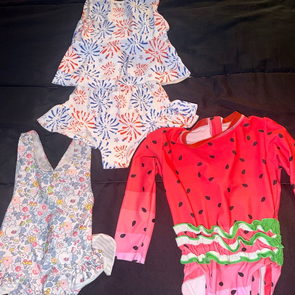 Girls Watermelon, Fireworks & Floral Ruffle Swimsuit Set of 3 Toddler 3-4T